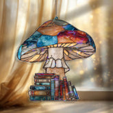 Mushroom and Books Acrylic Suncatcher, Stained Glass Style Colorful Toadstool with Stack of Books Window Hanging
